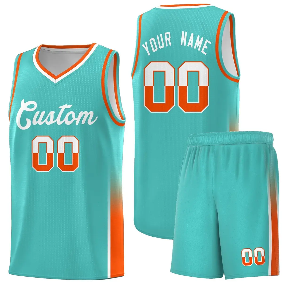 Aqua White Orange Two Tone Font Basketball Jersey