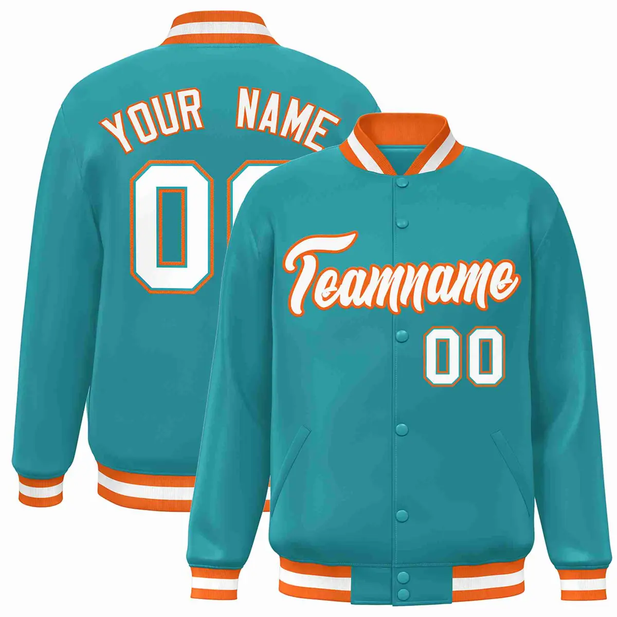 Aqua White-Orange Varsity Full-Snap Letterman Jacket