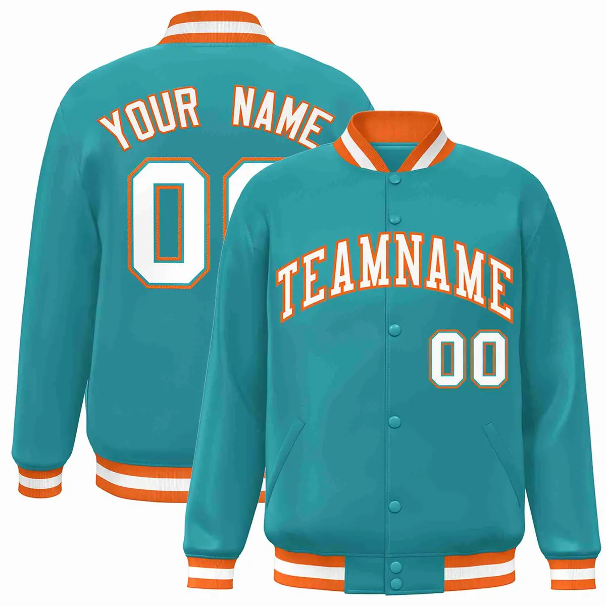 Aqua White-Orange Varsity Full-Snap Letterman Jacket