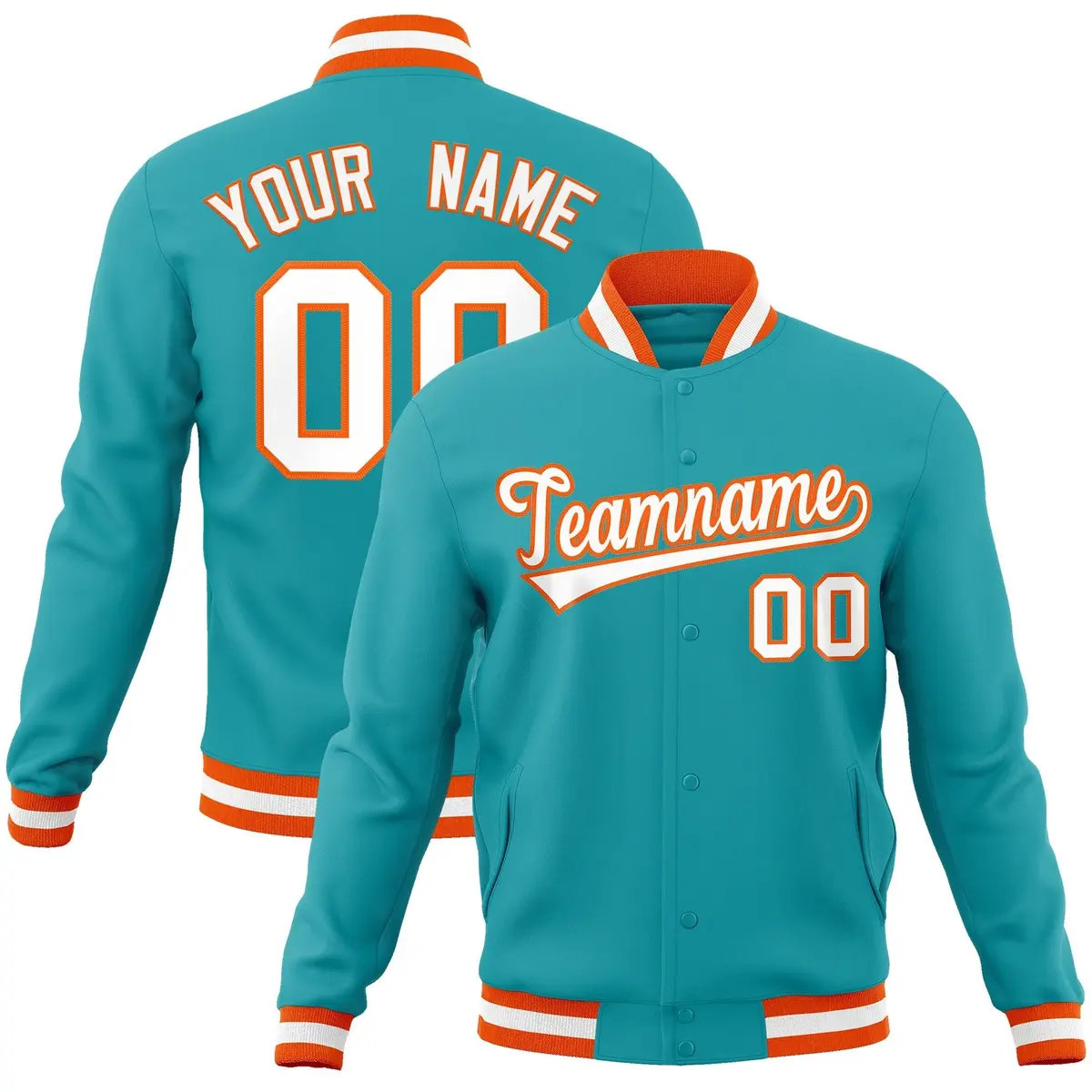 Aqua White-Orange Varsity Full-Snap Letterman Jacket