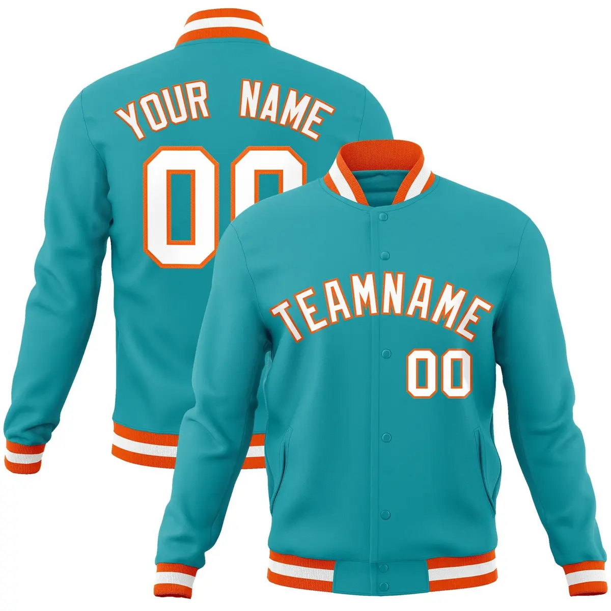 Aqua White-Orange Varsity Full-Snap Letterman Jacket