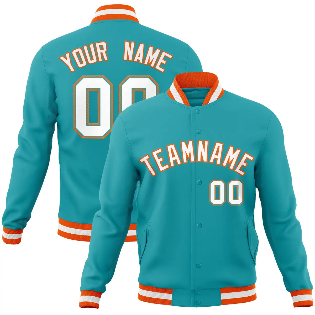Aqua White-Orange Varsity Full-Snap Letterman Jacket
