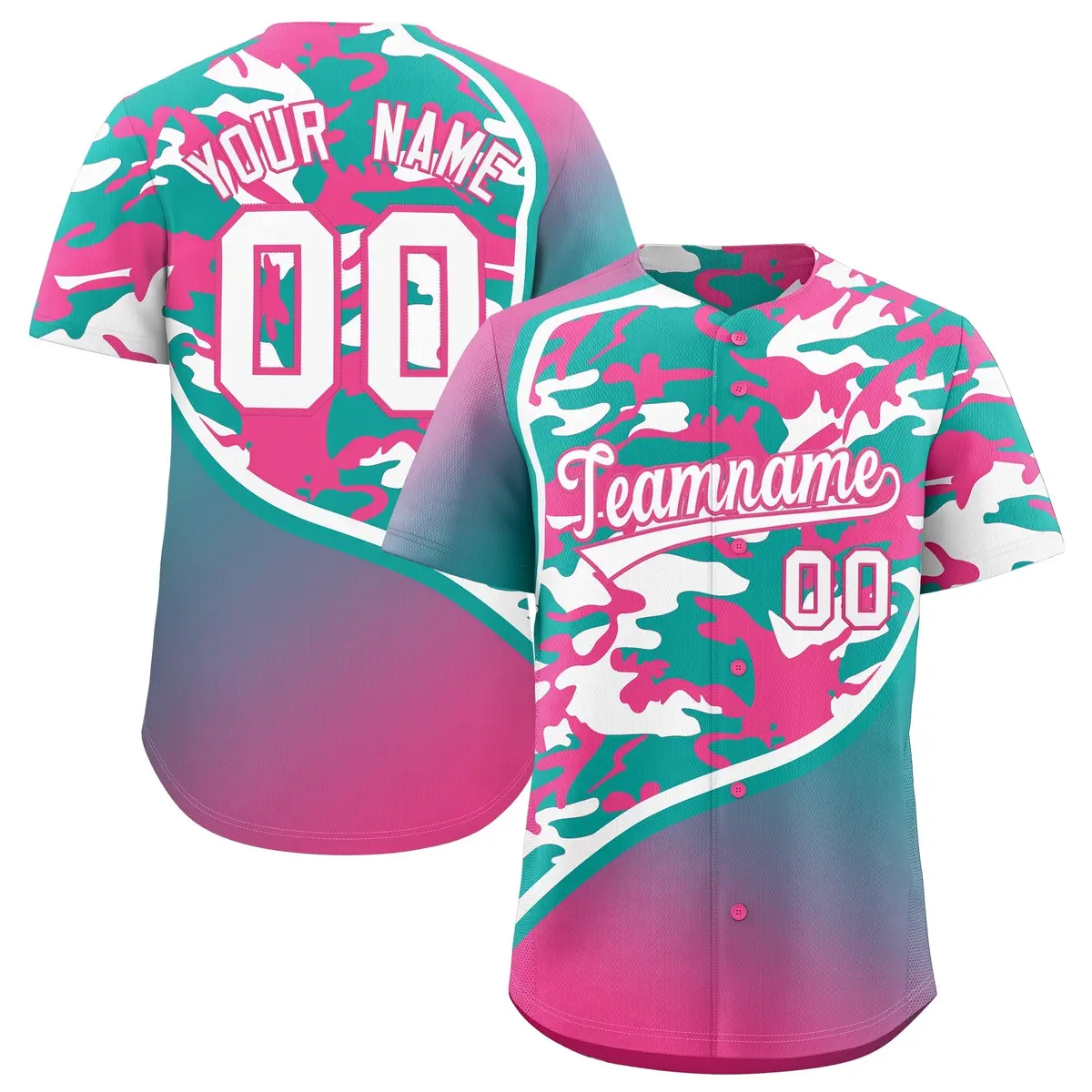 Aqua White Pink Camo Gradient Fashion Baseball Jersey