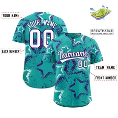 Aqua White Purple Graffiti Star Ink Texture Baseball Jersey 2