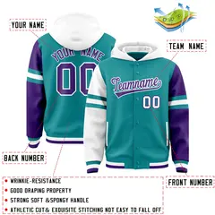 Aqua White-Purple Raglan Three Stripes Varsity Letterman Hoodie 4