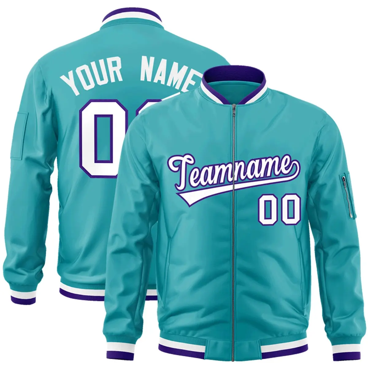 Aqua White-Purple Varsity Letterman Full-Zip Bomber Jacket