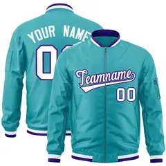 Aqua White-Purple Varsity Letterman Full-Zip Bomber Jacket