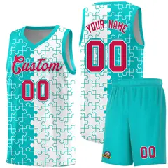 Aqua White Puzzle Pattern Splid Basketball Kits 1