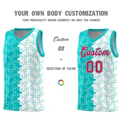 Aqua White Puzzle Pattern Splid Basketball Kits 3
