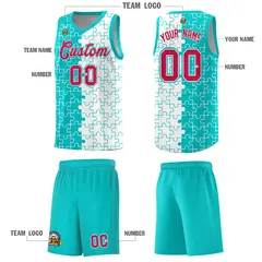 Aqua White Puzzle Pattern Splid Basketball Kits 5