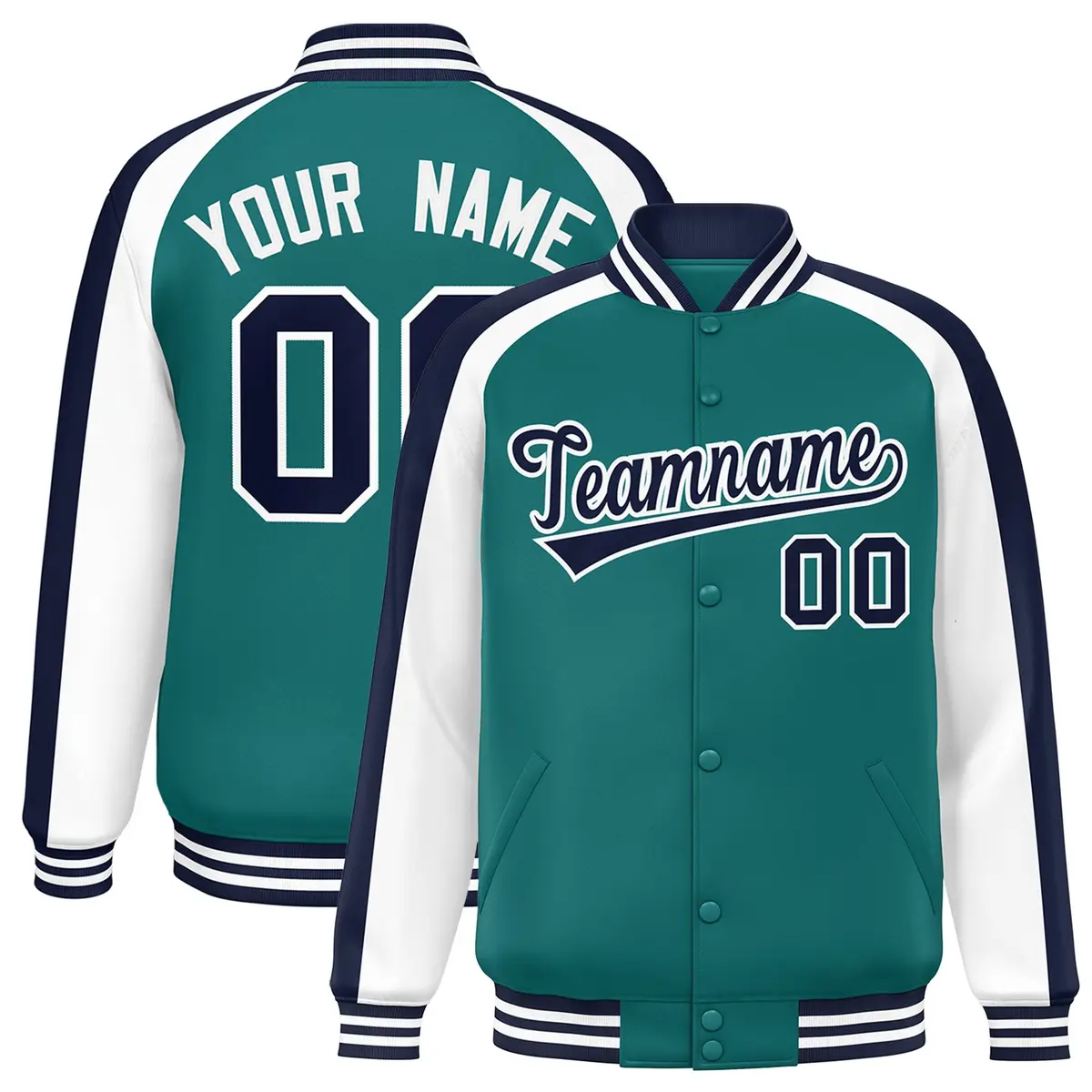 Aqua White Raglan Color Block Varsity Full-Snap Letterman Jacket
