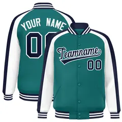 Aqua White Raglan Color Block Varsity Full-Snap Letterman Jacket