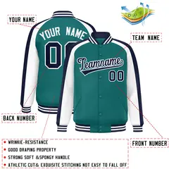 Aqua White Raglan Color Block Varsity Full-Snap Letterman Jacket 2
