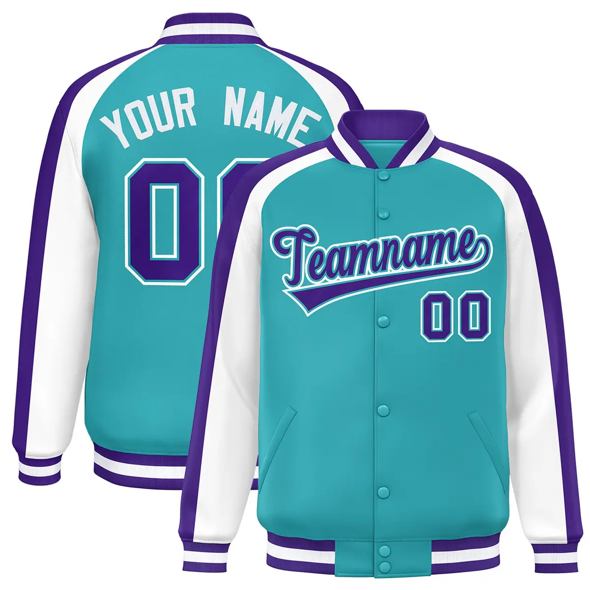 Aqua White Raglan Color Block Varsity Full-Snap Letterman Jacket