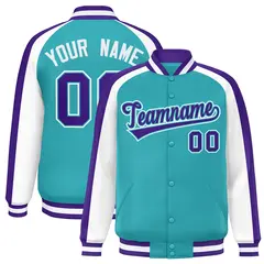 Aqua White Raglan Color Block Varsity Full-Snap Letterman Jacket 1