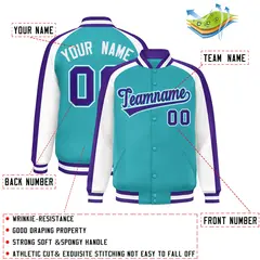 Aqua White Raglan Color Block Varsity Full-Snap Letterman Jacket 2