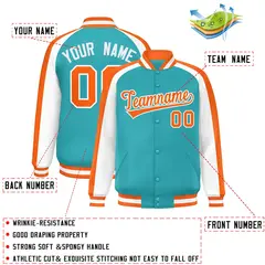 Aqua White Raglan Color Block Varsity Full-Snap Letterman Jacket 2