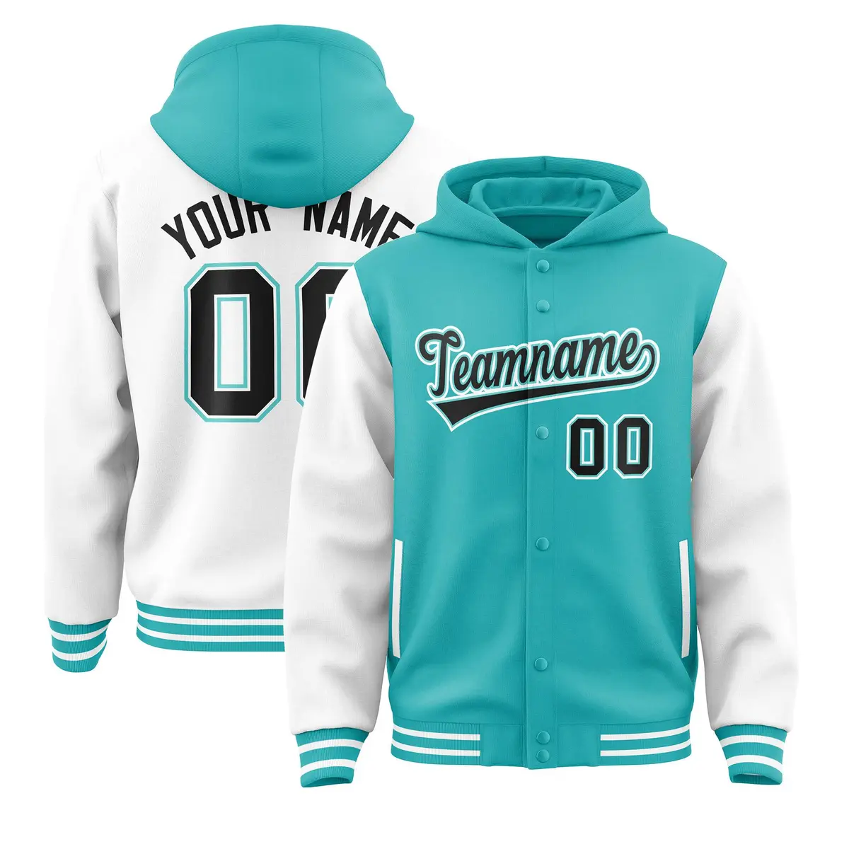Aqua White Raglan Full-Snap Varsity Two Tone Letterman Hoodie