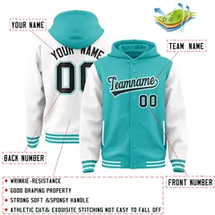 Aqua White Raglan Full-Snap Varsity Two Tone Letterman Hoodie 4