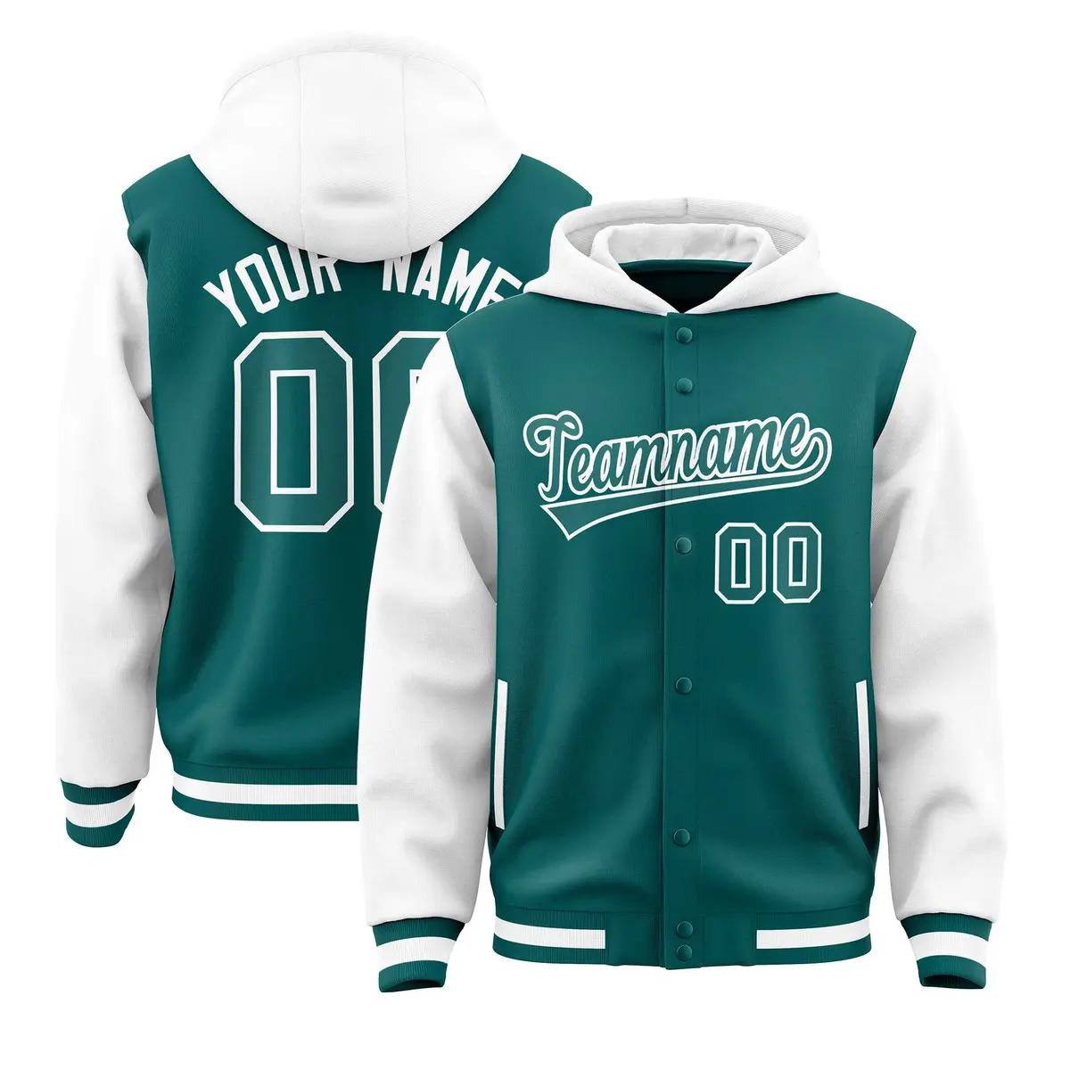 Aqua White Raglan Full-Snap Varsity Two Tone Letterman Hoodie