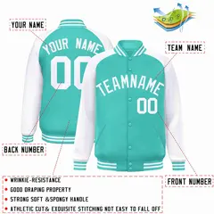 Aqua White Raglan Sleeves Varsity Full-Snap Letterman Jacket 2