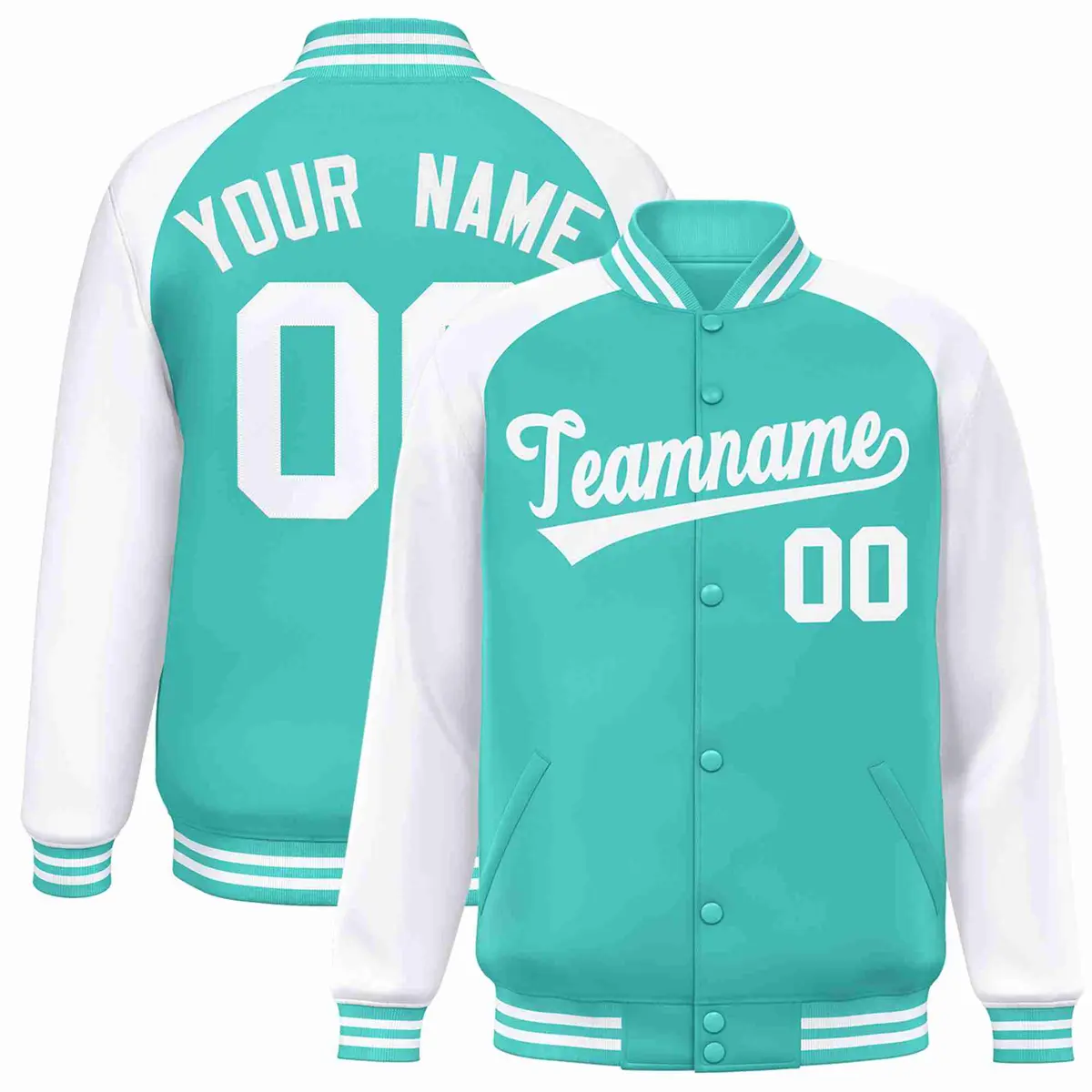 Aqua White Raglan Sleeves Varsity Full-Snap Letterman Jacket