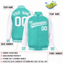 Aqua White Raglan Sleeves Varsity Full-Snap Letterman Jacket 2