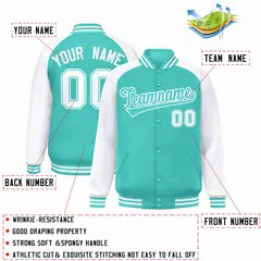 Aqua White Raglan Sleeves Varsity Full-Snap Letterman Jacket 2