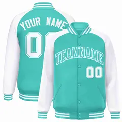 Aqua White Raglan Sleeves Varsity Full-Snap Letterman Jacket