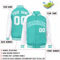 Aqua White Raglan Sleeves Varsity Full-Snap Letterman Jacket 2