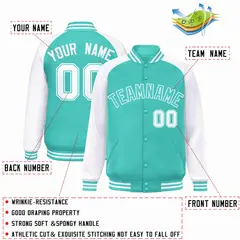 Aqua White Raglan Sleeves Varsity Full-Snap Letterman Jacket 2