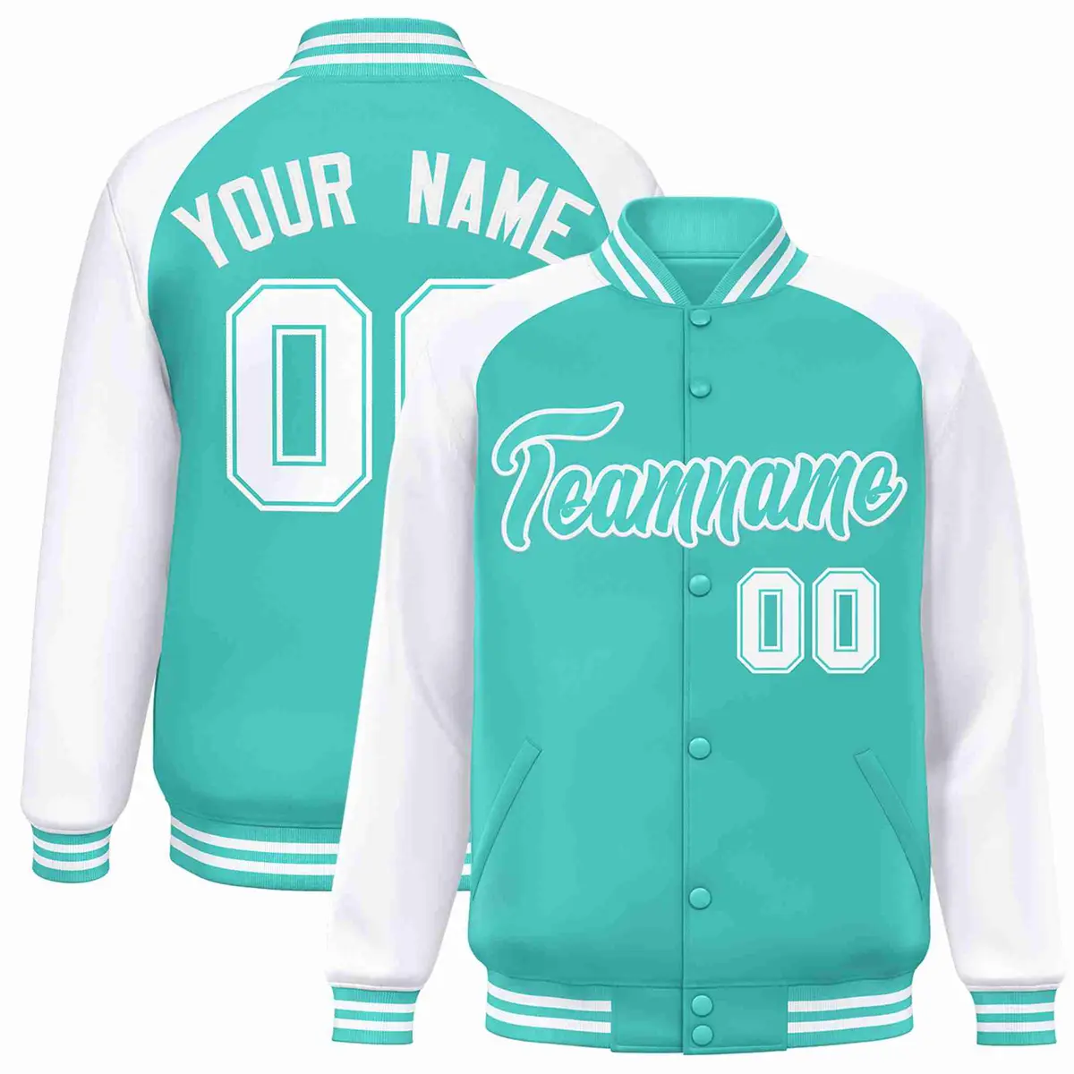Aqua White Raglan Sleeves Varsity Full-Snap Letterman Jacket