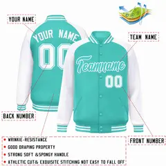 Aqua White Raglan Sleeves Varsity Full-Snap Letterman Jacket 2