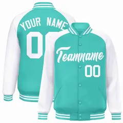 Aqua White Raglan Sleeves Varsity Full-Snap Letterman Jacket 1