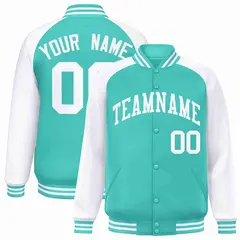 Aqua White Raglan Sleeves Varsity Full-Snap Letterman Jacket 1