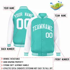 Aqua White Raglan Sleeves Varsity Full-Snap Letterman Jacket 2