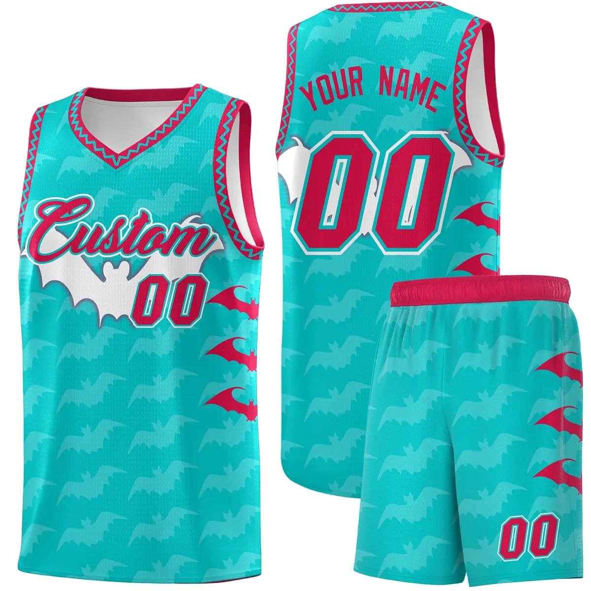 Aqua White Red Bat Pattern Halloween Basketball Jersey