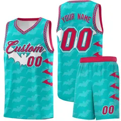 Aqua White Red Bat Pattern Halloween Basketball Jersey 1