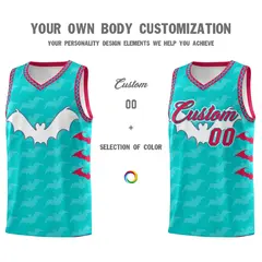 Aqua White Red Bat Pattern Halloween Basketball Jersey 3