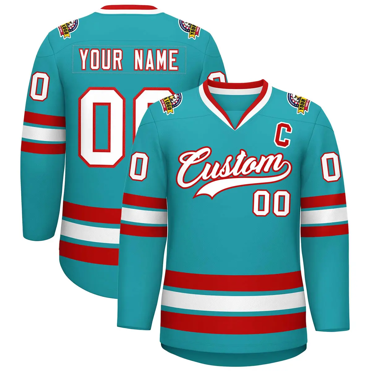 Aqua White-Red Classic Style Hockey Jersey