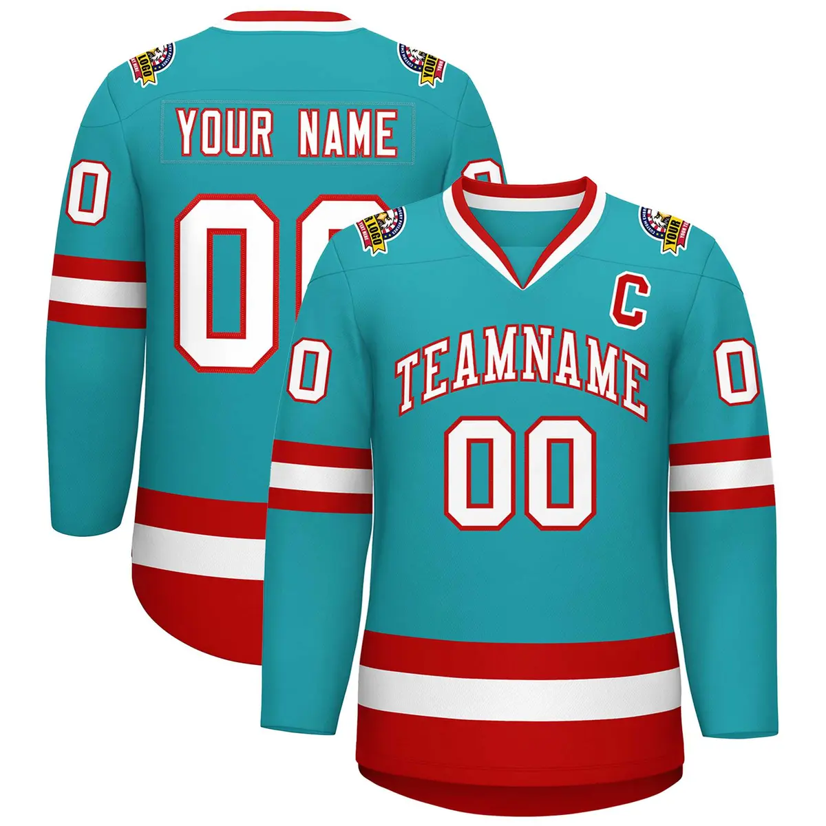 Aqua White-Red Classic Style Hockey Jersey