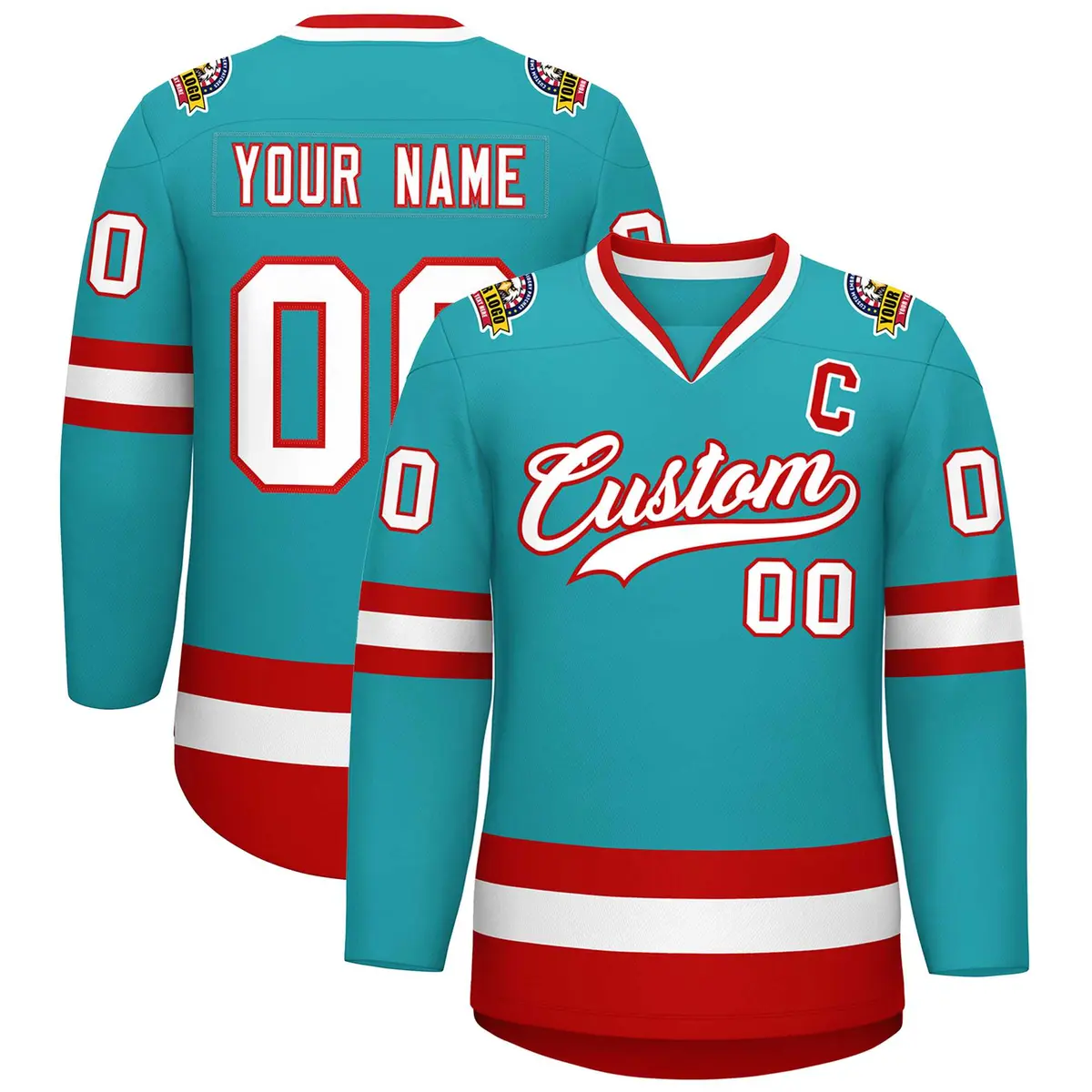 Aqua White-Red Classic Style Hockey Jersey