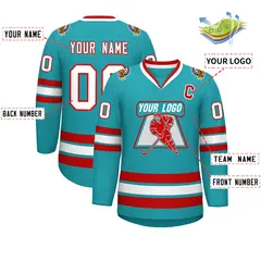 Aqua White-Red Classic Style Hockey Jersey 2