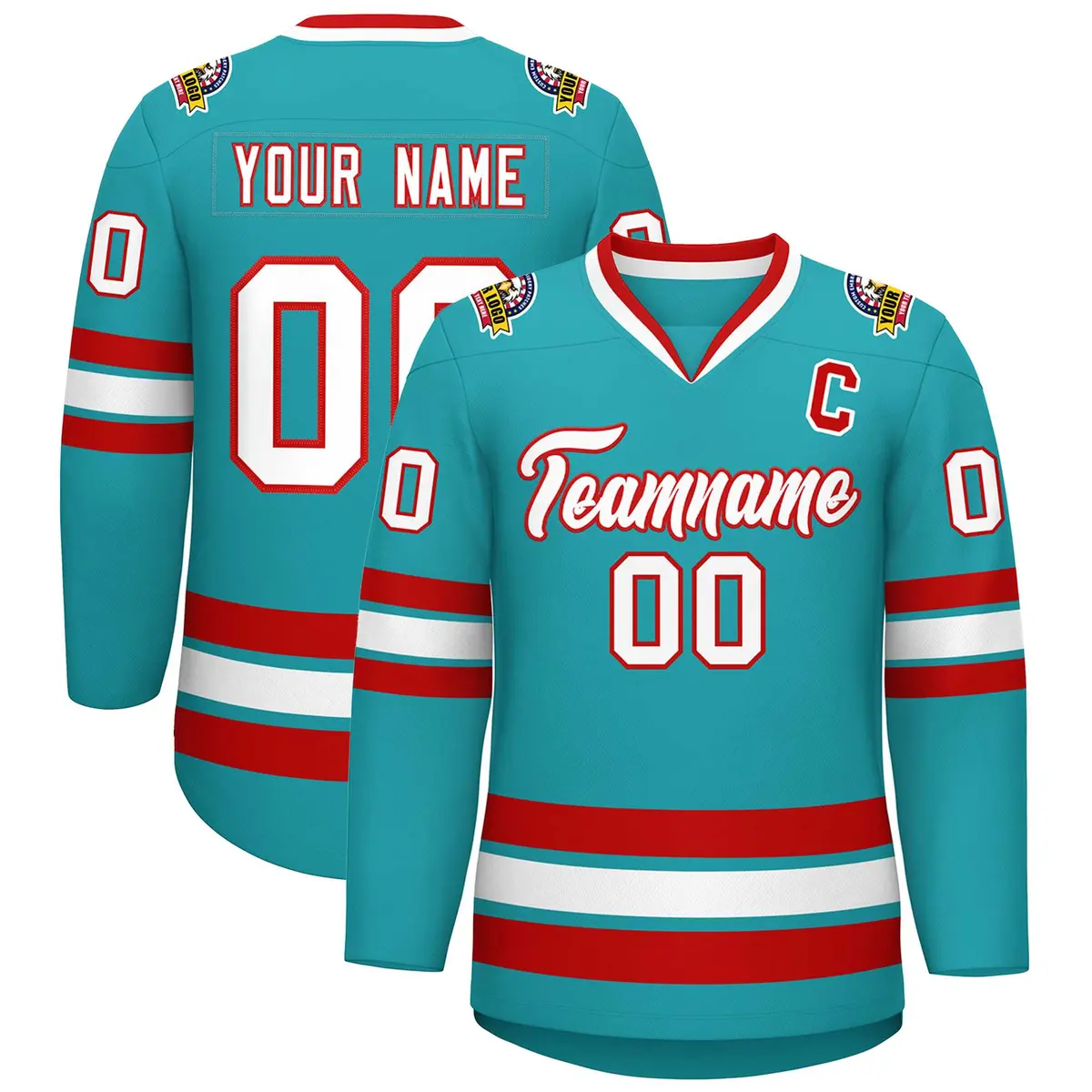 Aqua White-Red Classic Style Hockey Jersey