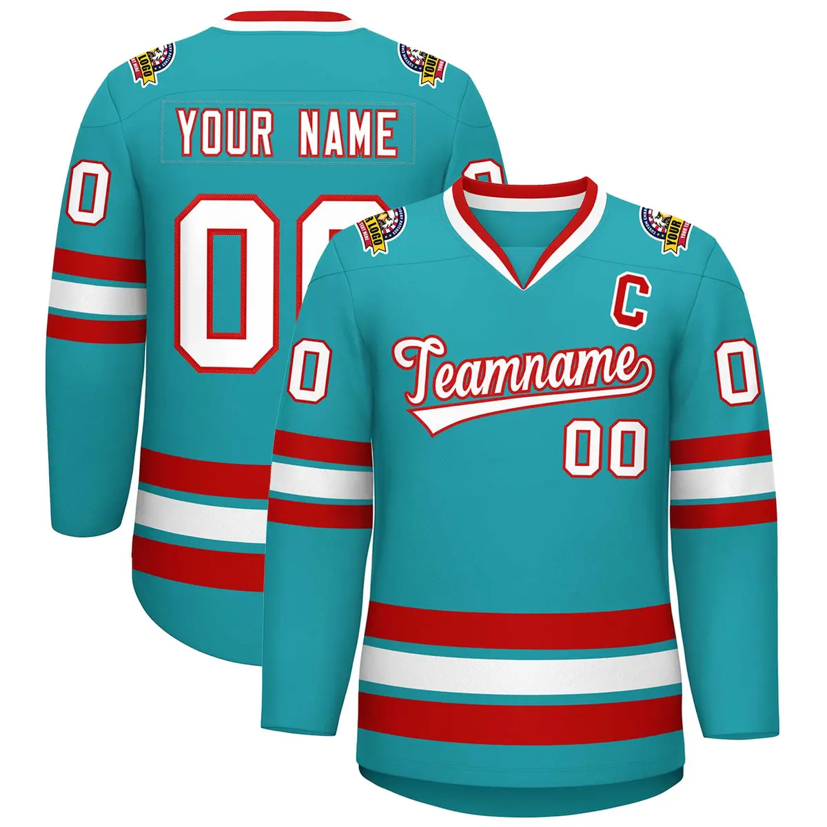 Aqua White-Red Classic Style Hockey Jersey