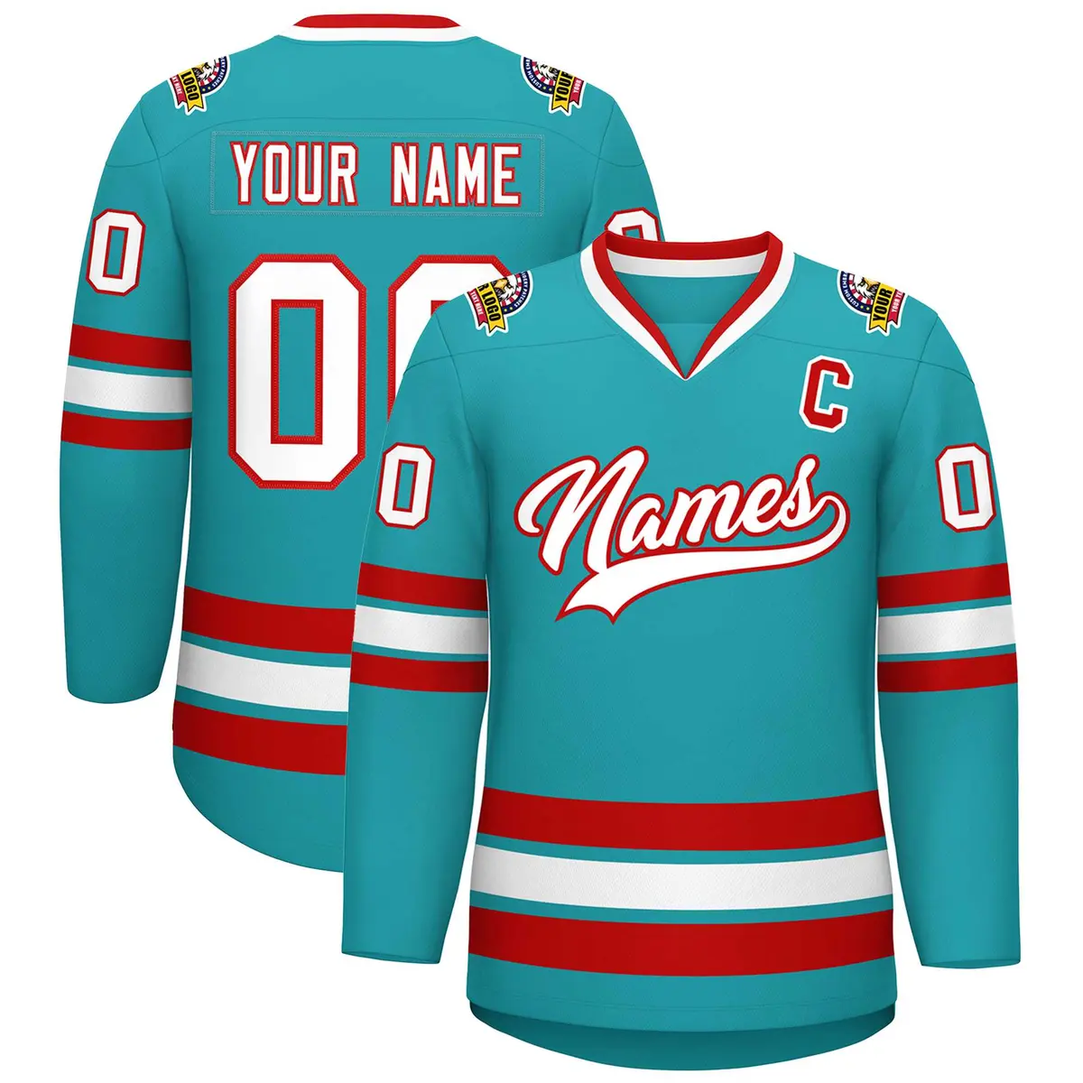 Aqua White-Red Classic Style Hockey Jersey