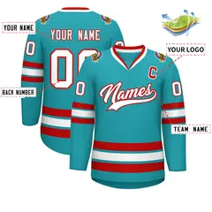 Aqua White-Red Classic Style Hockey Jersey 2