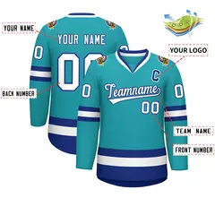 Aqua White-Royal Classic Style Hockey Jersey 2