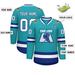 Aqua White-Royal Classic Style Hockey Jersey 2