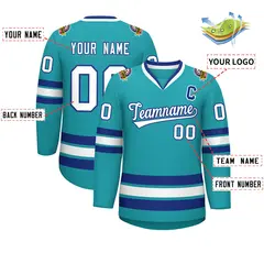 Aqua White-Royal Classic Style Hockey Jersey 2